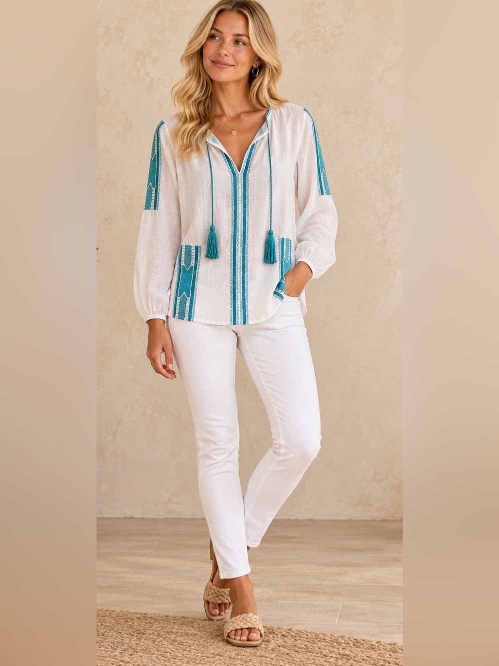 MICHAEL Michael Kors White & Teal Embroidered Tassel Boho Blouse